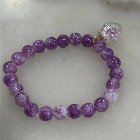 Purple Beaded Bracelet with Heart Charm - Picture 3 of 5